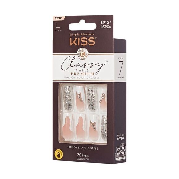 Kiss CLASSY PREMIUM-WEDDING ‘Stay Modish’ Press On Nails, Sparkle, Long Length - Picture 1 of 7